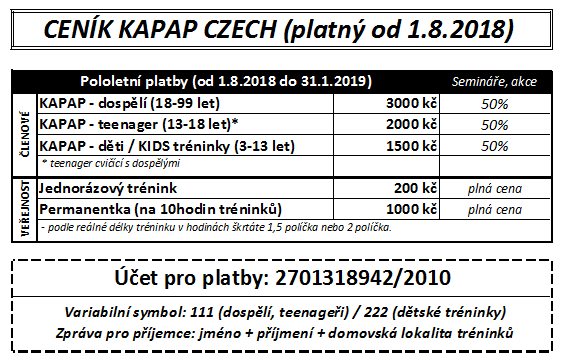 Ceník KAPAP CZECH pro školní rok 2018/2019