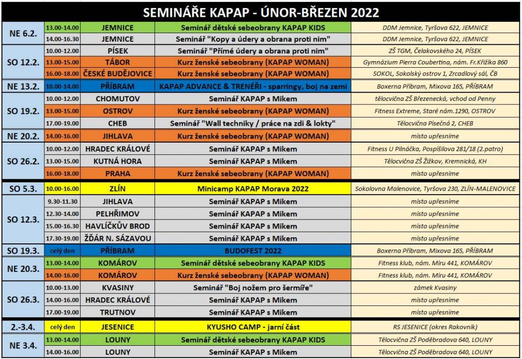 KALENDÁŘ AKCÍ KAPAP CZECH (ÚNOR-BŘEZEN 2022)