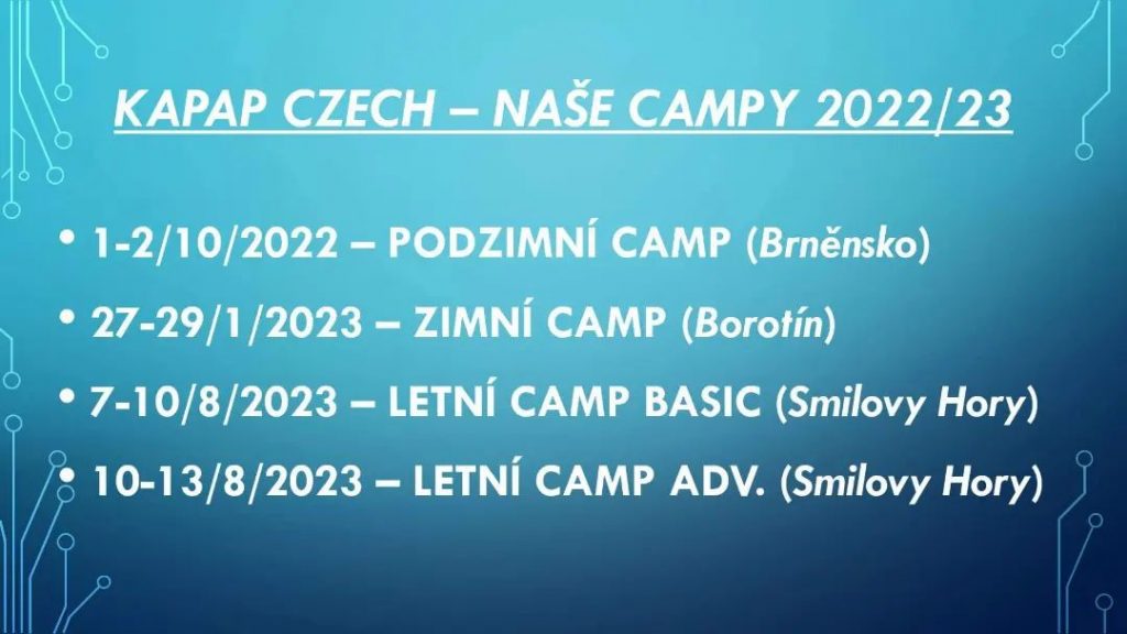 Kalendář a místa konání KAPAP campů ve školním roce 2022/23